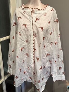 Talbots White Blouse with Rust Scalloped Trim